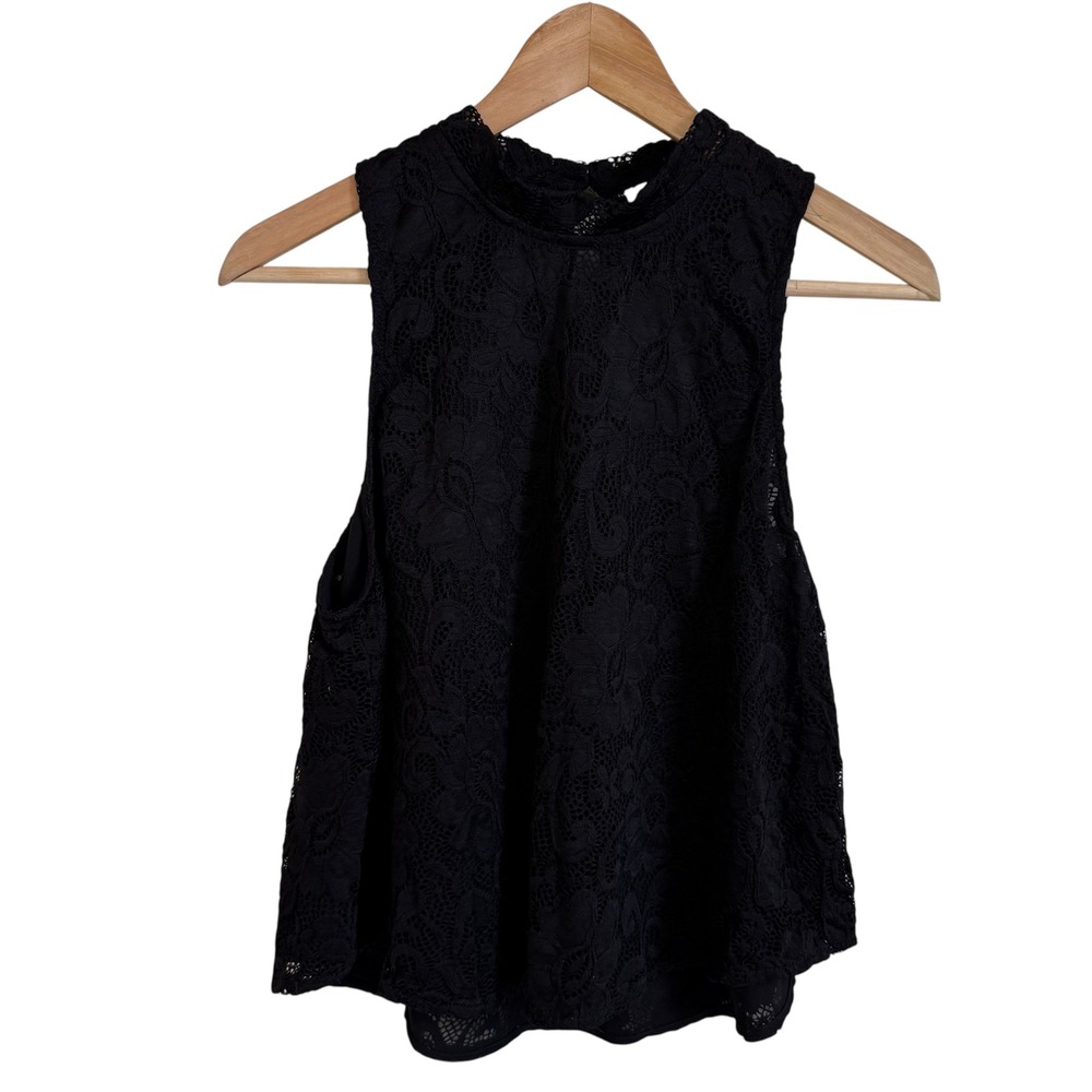 Elodie Lace Tank Top Mock Neck Sleeveless‎ Black Party Top Size M